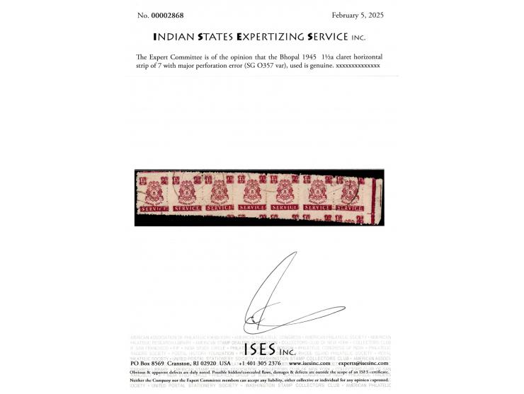 1945  1½a claret horizontal strip of 7 with major perforation error resulting in gradual increase of the height of the stamps