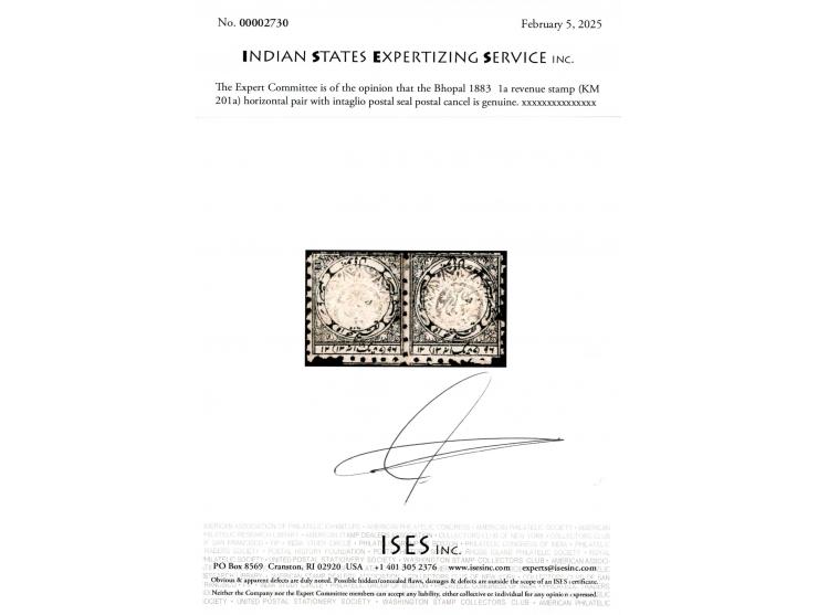 1883  1a revenue stamp (KM 201a) horizontal pair with intaglio seal postal cancel. Temporary shortage of 1 anna postage stamp