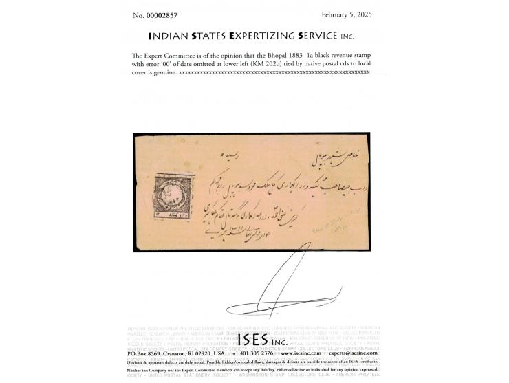 1883  1a black revenue stamp with error '00' of date omitted at lower left tied by native cds to local cover. Per Stanley Gib