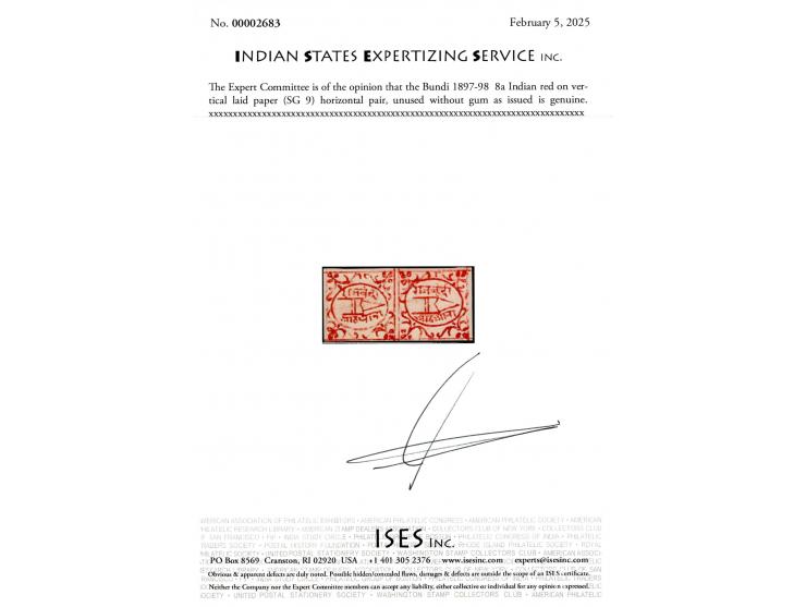 1897-98  8a Indian red on vertical laid paper, horizontal pair. Unused without gum as issued. 2025 ISES certificate.   
To bu
