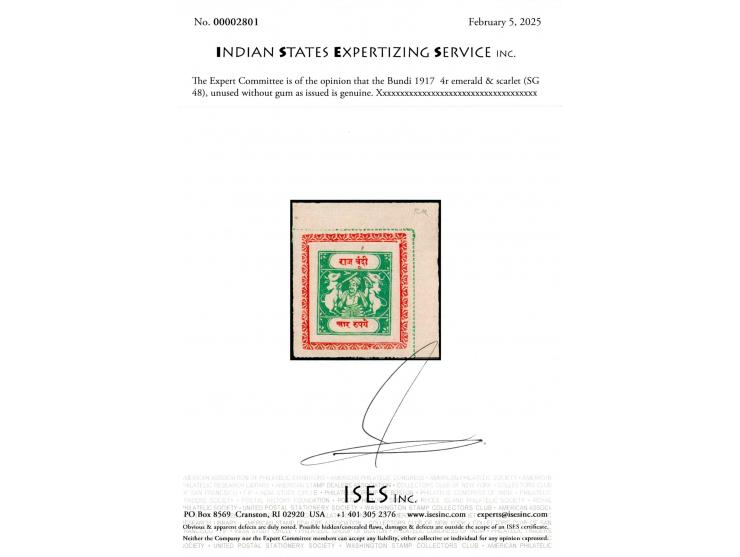 1917  4r emerald &amp; scarlet top right corner marginal copy. Unused without gum as issued. 2025 ISES certificate. 
To buy t
