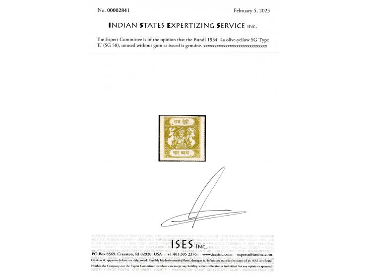 1934  4a olive-yellow SG Type 'E'. Unused without gum as issued.  2025 ISES certificate.  
To buy this item please send us an
