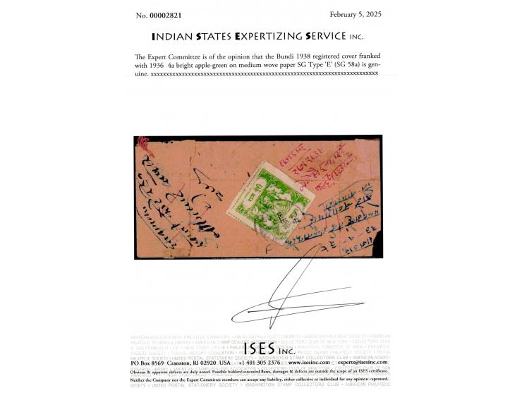 1938  registered cover franked with 1936  4a bright apple-green on medium wove paper SG Type 'E' tied by Dak Raj Bundi 11 Jan