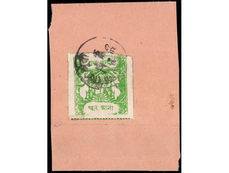1936  4a yellow-green SG Type 'G' on part cover tied by Dak Raj Bundi dated 20 May 37 cds. Cat. Value for used stamp alone is