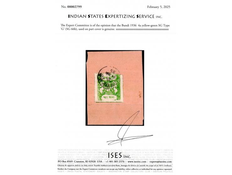 1936  4a yellow-green SG Type 'G' on part cover tied by Dak Raj Bundi dated 20 May 37 cds. Cat. Value for used stamp alone is