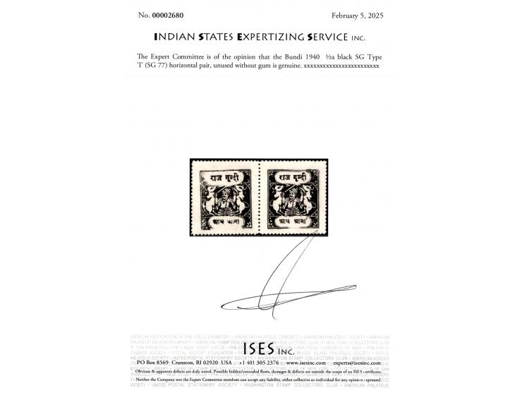 1940  ½a black SG Type 'I' unused horizontal pair. 2025 ISES certificate.
