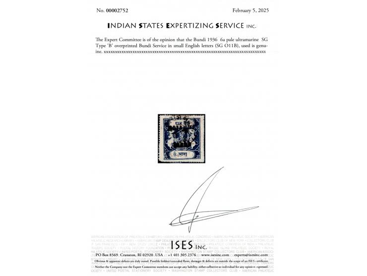 1936  6a pale ultramarine  SG Type 'B' overprinted Bundi Service in small English letters, used. Stamps overprinted service a