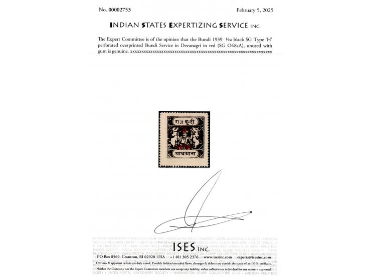 1939  ½a black SG Type 'H' perforated overprinted Bundi Service in Devanagri in red. 2025 ISES certificate.
To buy this item 