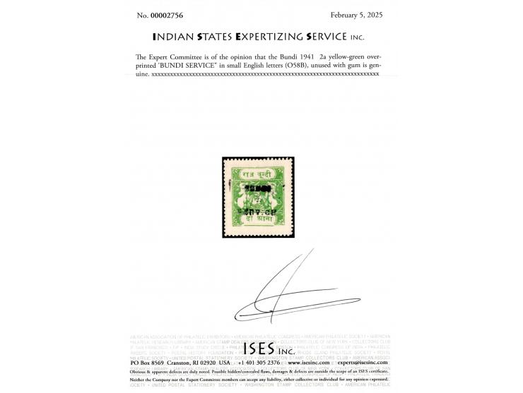 1941  2a yellow-green overprinted 'BUNDI SERVICE" in small English letters. 2025 ISES certificate.
