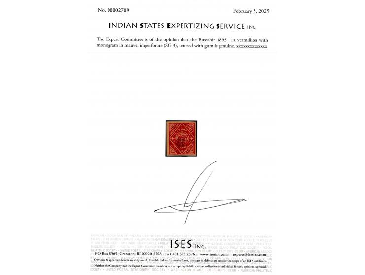 1895  1a vermillion with monogram in mauve, imperforate, with thin. 2025 ISES certificate
To buy this item please send us an 