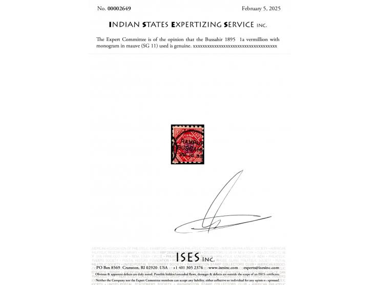 1895  1a vermillion with monogram in mauve. 2025 ISES certificate.
To buy this item please send us an email or use the contac