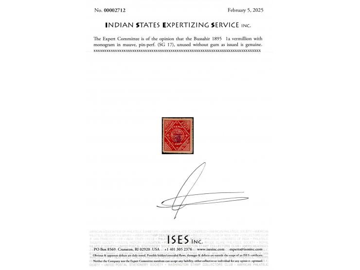 1895  1a vermillion with monogram in mauve, pin-perf. Unused without gum as issued. 2025 ISES certificate. 
To buy this item 