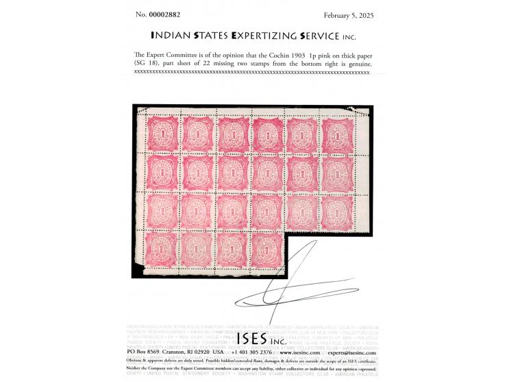 1903  1p pink on thick paper, part sheet of 22 missing two stamps from the bottom right.  Very scarce in sheet format. Unused