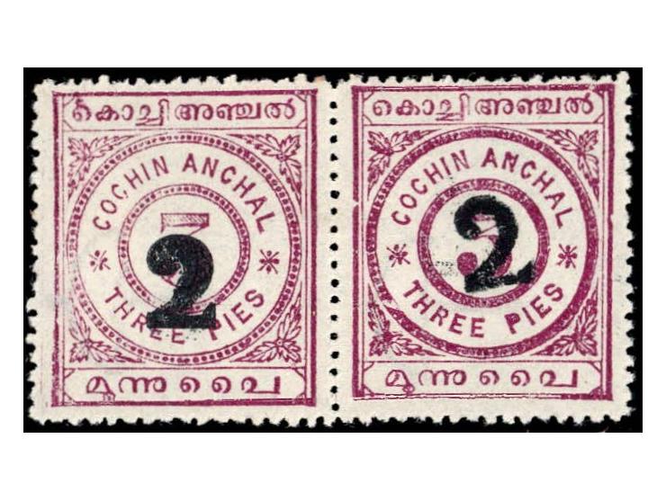 1909  3p rosy-mauve horizontal pair surcharged "2" with SG Type 7 on left stamp and with SG Type 7b on the right stamp. Catal