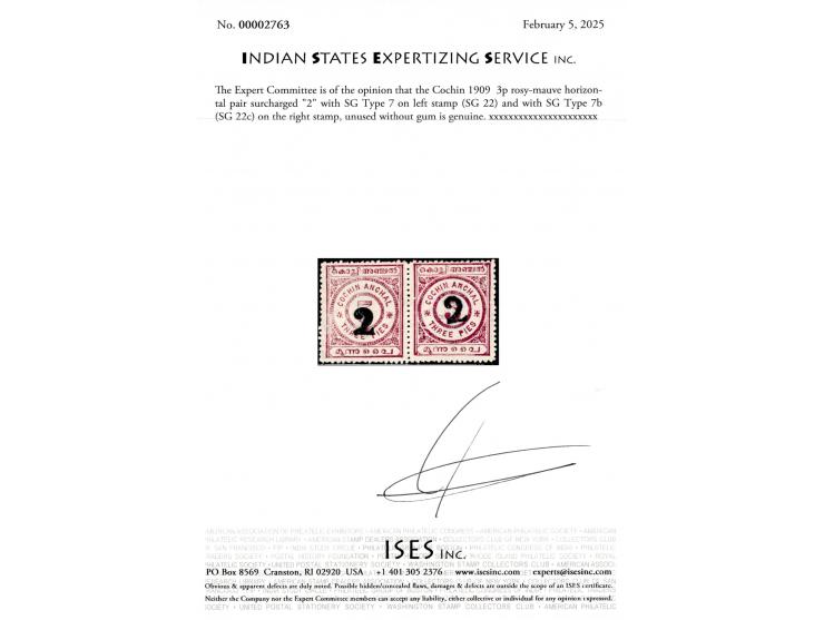 1909  3p rosy-mauve horizontal pair surcharged "2" with SG Type 7 on left stamp and with SG Type 7b on the right stamp. Catal