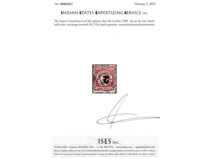 1909  2p on 3p rosy mauve with error, surcharge inverted. 2025 ISES certificate.
