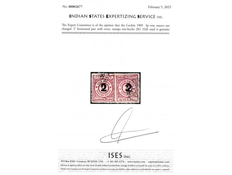 1909  3p rosy mauve surcharged '2' horizontal pair with error, stamps tete-beche. 2025 ISES certificate.   
To buy this item 