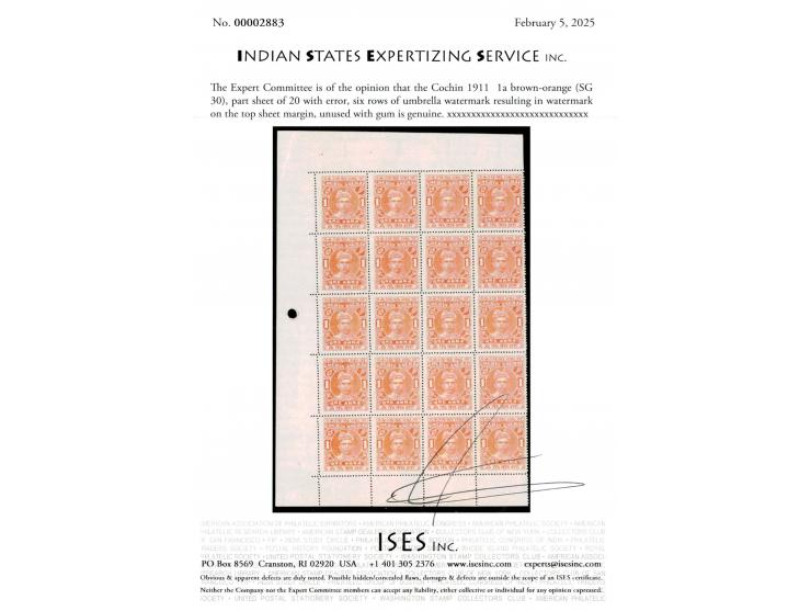 1911  1a brown-orange part sheet of 20 with error, six rows of umbrella watermark resulting in watermark on the top sheet mar