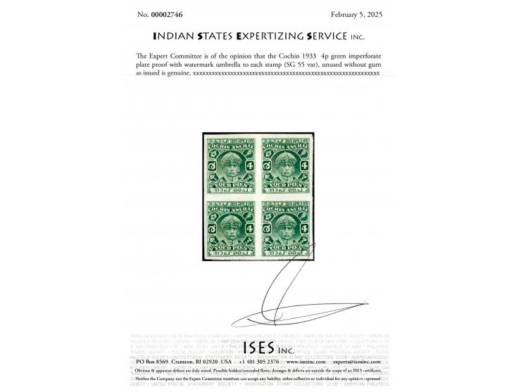 1933  4p green imperforate plate proof with watermark umbrella to each stamp. Unused without gum as issued. 2025 ISES certifi