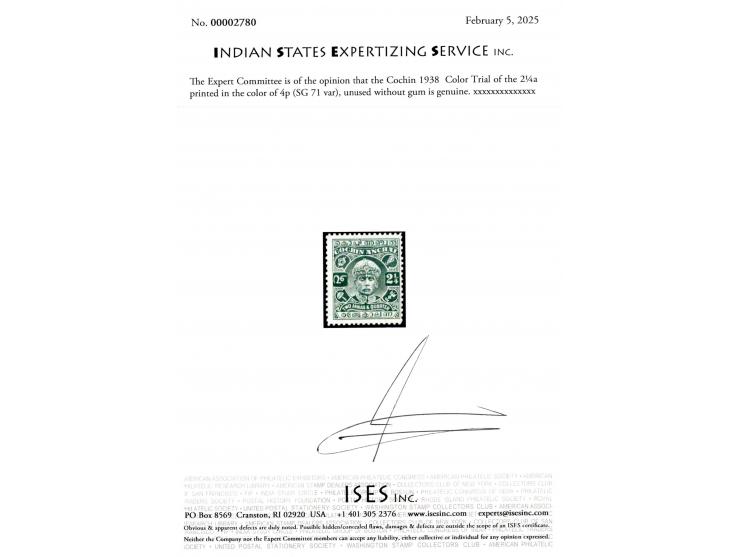 1938  Color Trial of the 2¼a printed in the color of 4p with a normal example on the left for comparison.
