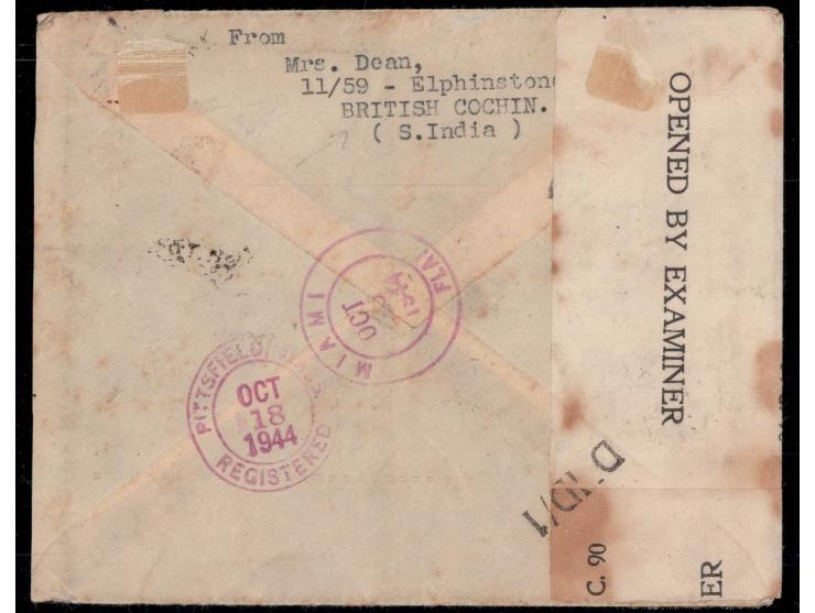 Air mail cover from Cochin to USA franked with India KGVI ½a purple strip of 4 + 1, 2a vermillion, 3a bright violet all tied 