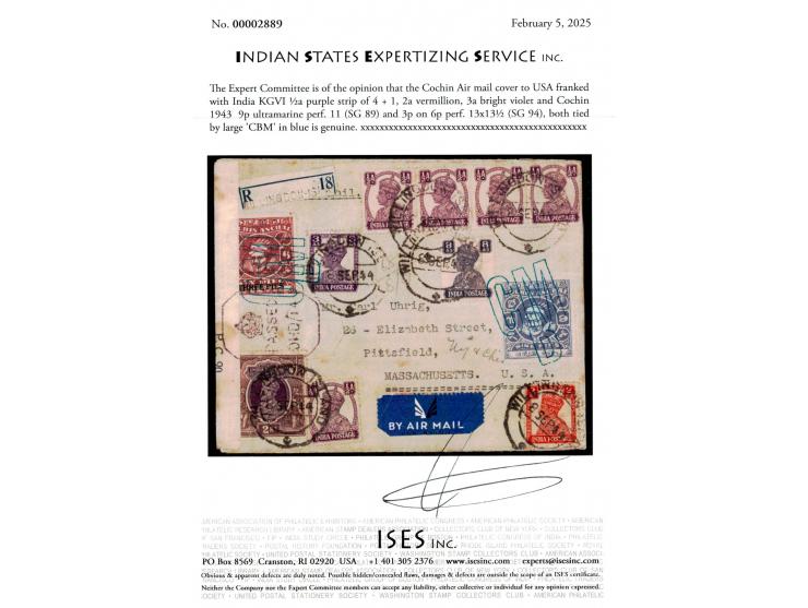Air mail cover from Cochin to USA franked with India KGVI ½a purple strip of 4 + 1, 2a vermillion, 3a bright violet all tied 