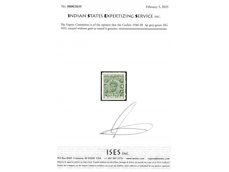 1946-48  4p grey-green. Unused without gum as issued.  2025 ISES certificate.  
