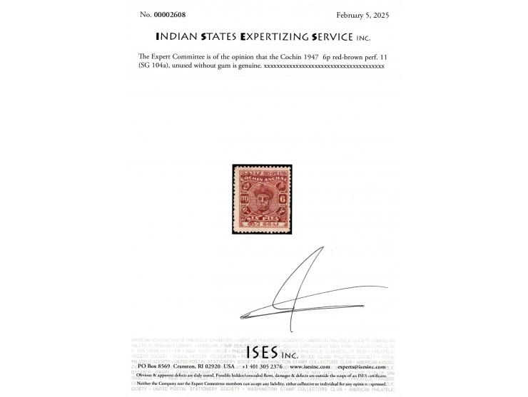 1947  6p red-brown perf. 11, unused without gum. 2025 ISES certificate.
To buy this item please send us an email or use the c