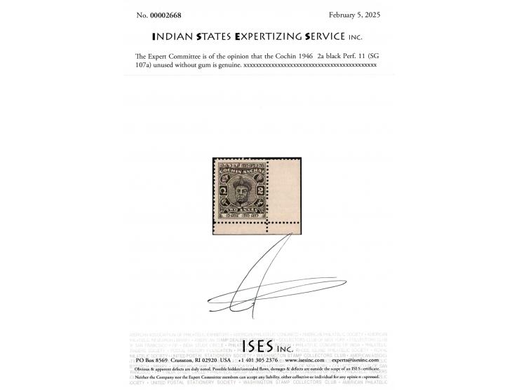 1946  2a black Perf. 11, corner marginal copy. 2025 ISES certificate.    
To buy this item please send us an email or use the