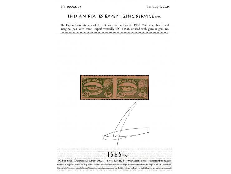 1950  2¼a green horizontal marginal pair with error, imperf vertically. Heavily toned. 2025 ISES certificate
To buy this item