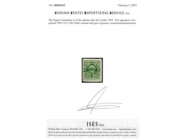 1943  2¼a sage-green overprinted 'ON C G S'. Very lightly hinged. 2025 ISES certificate.
