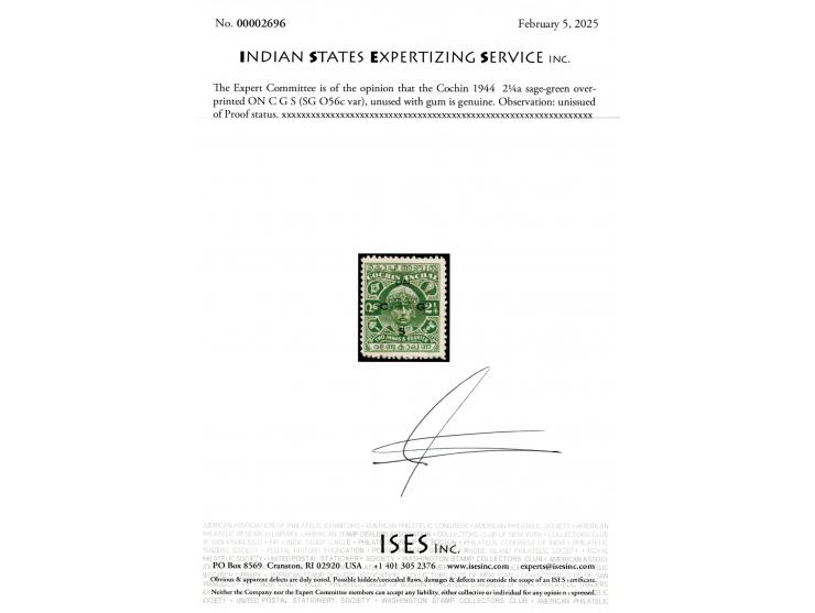 1944  2¼a sage-green overprinted 'ON C G S'. Unissued of Proof status. 2025 ISES certificate
