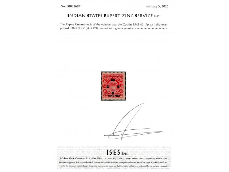 1942-43  1a8p surcharged 'NINE PIES' overprinted 'ON C G S". Toned gum as almost always found. 2025 ISES certificate.
