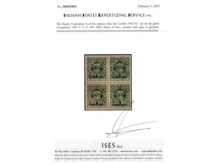 1942-43  4p green block of four, overprinted 'ON C G S' surcharged "'THREE PIES'. 2025 ISES certificate
To buy this item plea