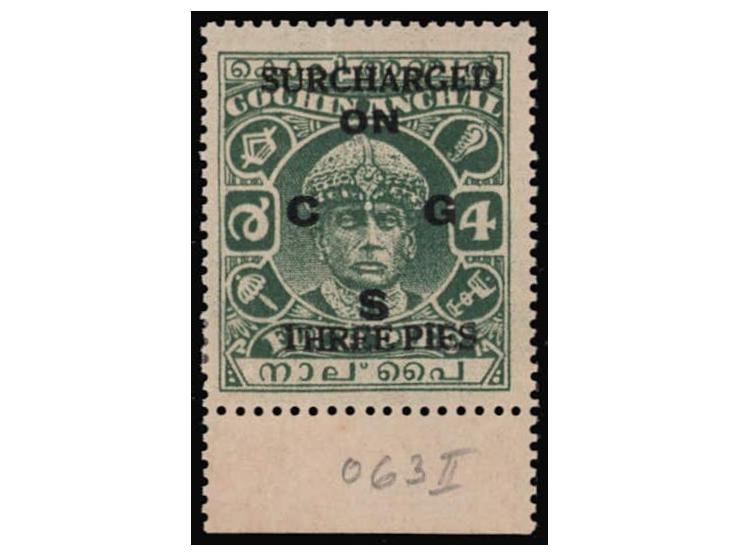 1942-43  4p green surcharged 'SURCHARGED / THREE PIES' overprinted 'ON C G S'. 2025 ISES certificate.
To buy this item please