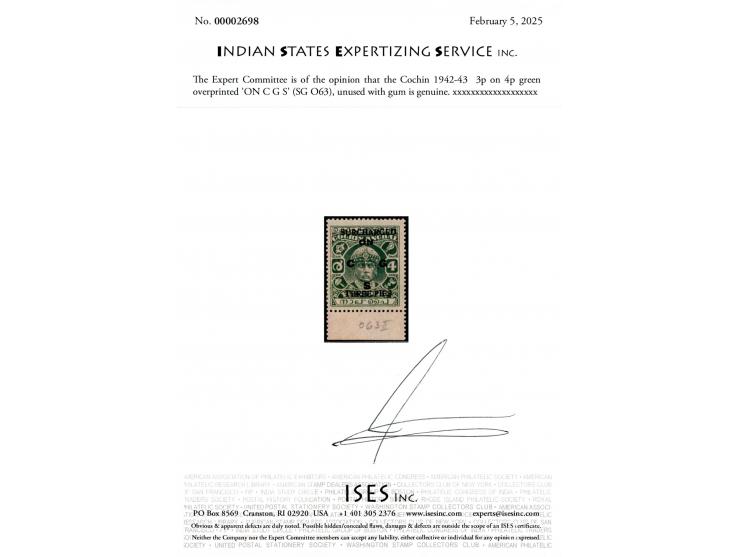 1942-43  4p green surcharged 'SURCHARGED / THREE PIES' overprinted 'ON C G S'. 2025 ISES certificate.
