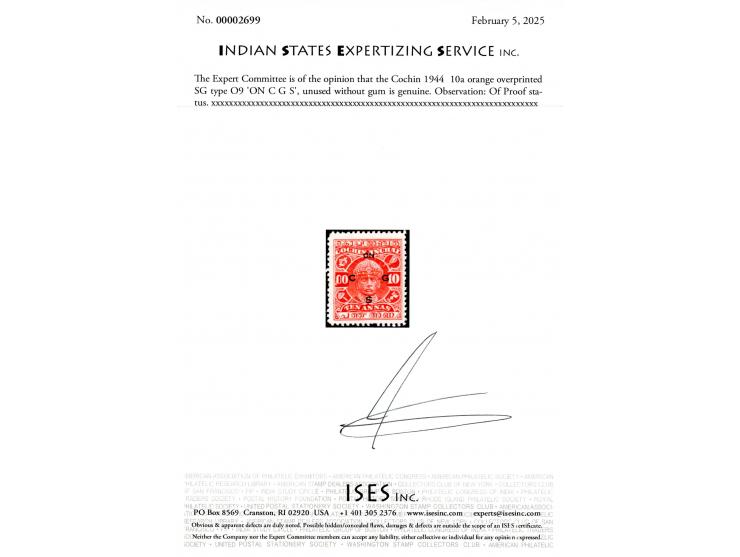 1944  10a orange overprinted SG type O9 'ON C G S'. Unissued of Proof status. Unused without gum. 2025 ISES certificate
To bu