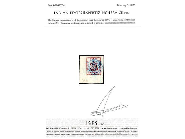 1896  1a red with control seal in blue, a superb copy with extra wide margins. Unused without gum as issued. 2025 ISES certif