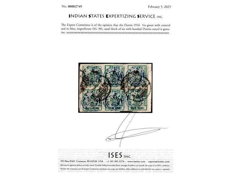 1916  ½a green with control seal in blue, imperforate used block of six with hooded Duttia cancel dated 26 JL 17. This is the