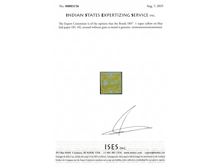 1897  1 rupee yellow on blue laid paper with a tiny pin hole, Unused without gum as issued. 2025 ISES certificate. 
