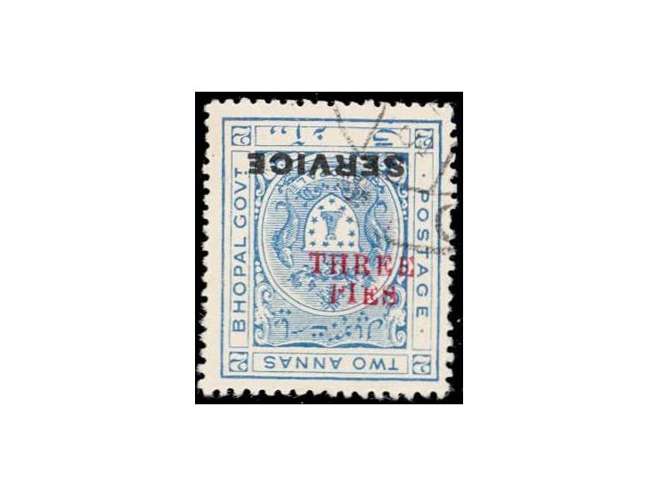 1935-36  2a ultramarine overprinted SERVICE with error, surcharge 'THREE PIES' in red inverted, used. Ex. Dan Walker collecti