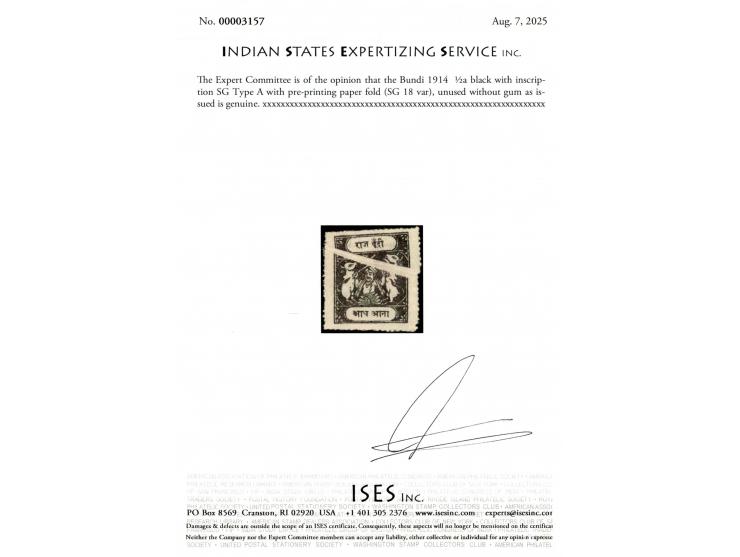 1914  ½a black with inscription SG Type A with major paper fold. Unused without gum as issued. 2025 ISES certificate
