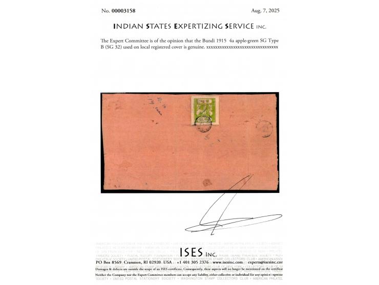 1915   4a apple-green used on local registered cover tied by scarce small intaglio seal cancel. 2025 ISES certificate
