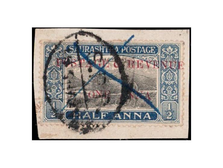 1949  ½a black &amp; blue surcharged 'POSTAGE &amp; REVENUE / ONE ANNA' with error, small 'O' in ONE, used on piece. Ex. Dr. 