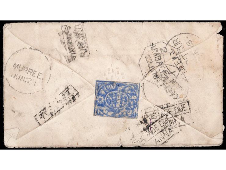 1867  ½a ultramarine printed in watercolor on native paper used on cover from Srinagar to Amritsar with two strikes of boxed 