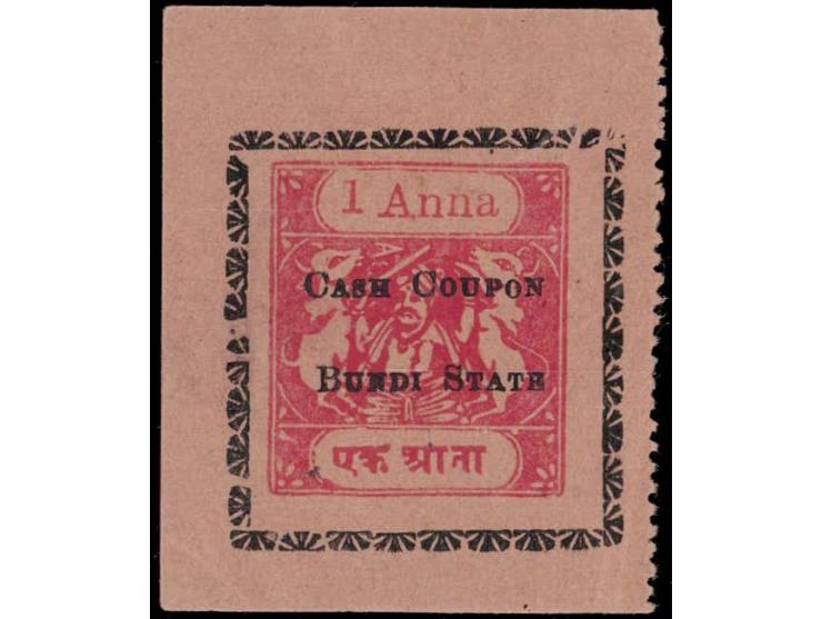 1a red &amp; black overprinted 'CASH COUPON / BUNDI STATE' with serial number 17580 on reverse. Unused without gum as issued.