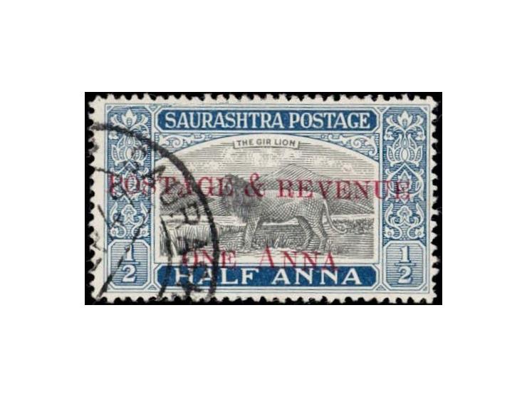 1949  ½a black &amp; deep blue surcharged 'POSTAGE &amp; REVENUE / ONE ANNA' with error, large first 'A' in ANNA. This error 