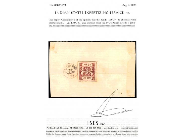 1930-37  3a chocolate with inscriptions SG Type E used on local cover tied by 26 August 33 cds. Note that this stamp is used 