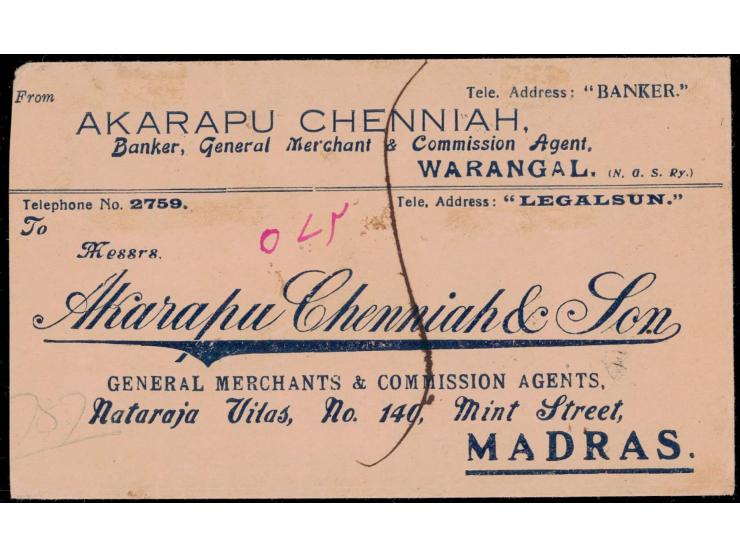 Registered combination cover from Hyderabad to Madras with Hyderabad Deccan registration label franked with Hyderabad 1908  2