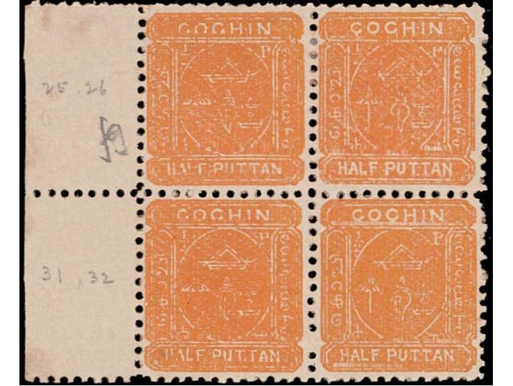 1892  ½pu orange-buff without watermark  left marginal block of four. Minor stains.
To buy this item please send us an email 